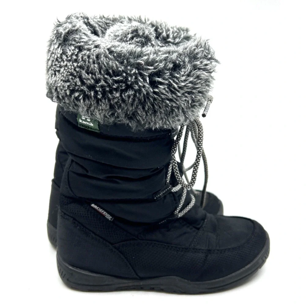 Kamik Girl's Camrose Winter Boots Size 1 Black Waterproof Lace Up Snow Faux Fur